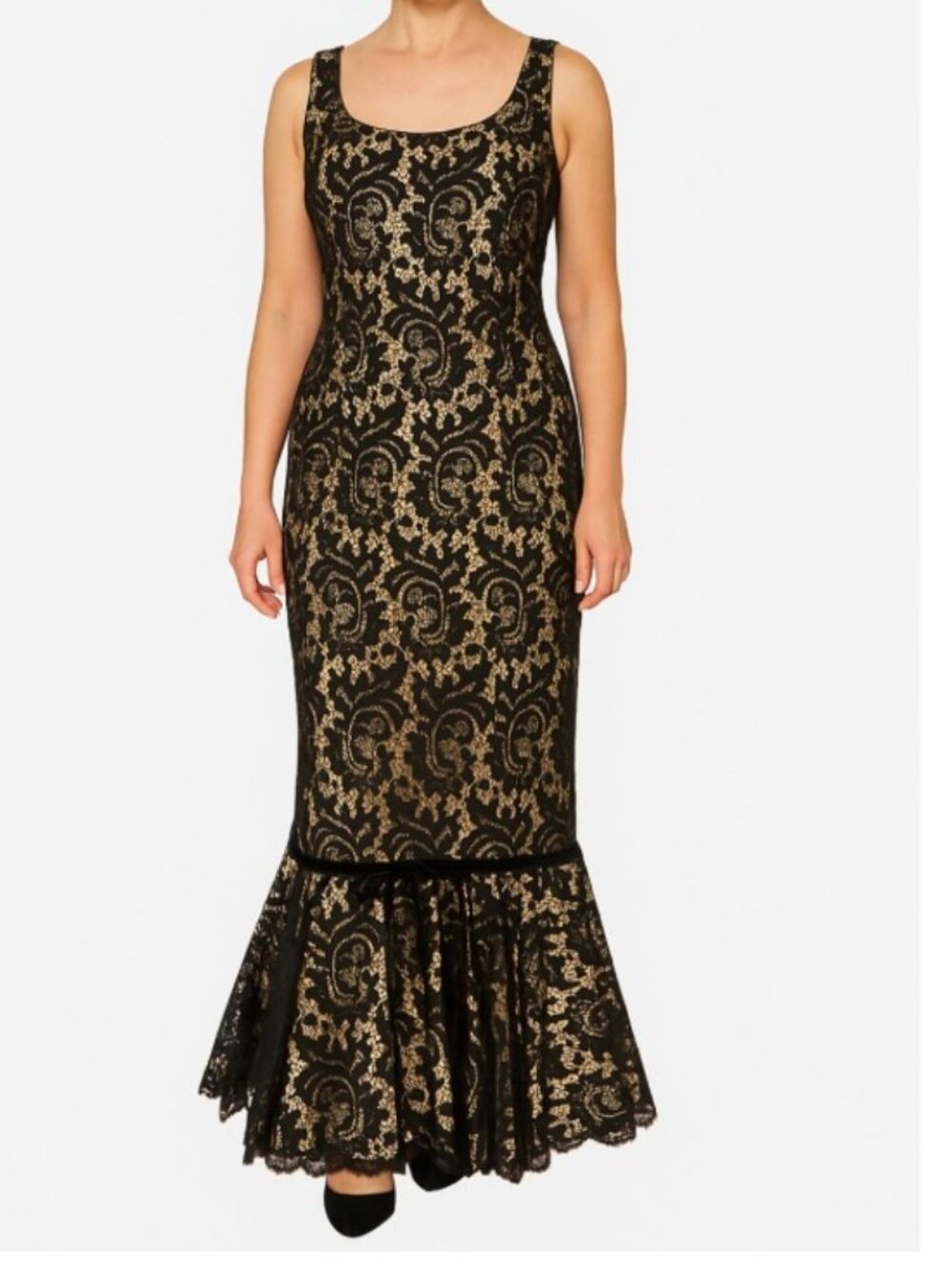 Women's S XS Vtg 1960's Lee Jordan Long Black Lace Gown Nude Wiggle Ruffled Hem